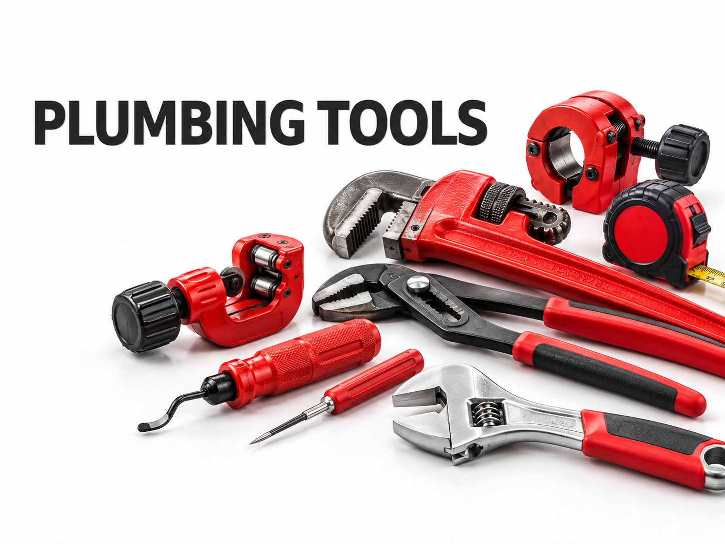 Professional plumbing hand tools including pipe wrenches, cutters and pliers